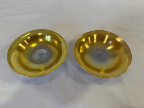 2 Steuben Art Glass Gold Aurene Calcite 6" Shallow Bowls Dish Art Nouveau VTG