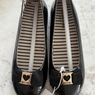 Moschino Girls Black Patent Leather Ballet Flats Heart Bow Size EU 26 BNWT