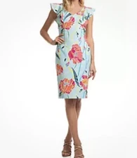 Trina Turk 4 Flutter Sleeve Printed Linzy Dress Sheath Floral Coastal Beach