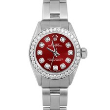 Rolex Ladies Oyster Perpetual Red Diamond Dial Diamond Bezel Oyster Band