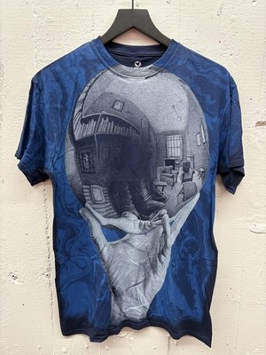 Liquid Blue Shirt Mens Medium Blue M C Escher Hand Sphere Art Graphic Tee Cotton