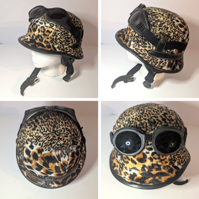 Motorcycle Leopard Print Pith Helmet Safari Jungle Hat w Goggles
