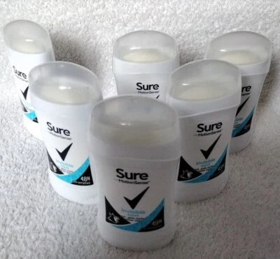 6 X 40ml Sure Invisible Aqua Anti perspirant Stick Anti white mark + yello stain