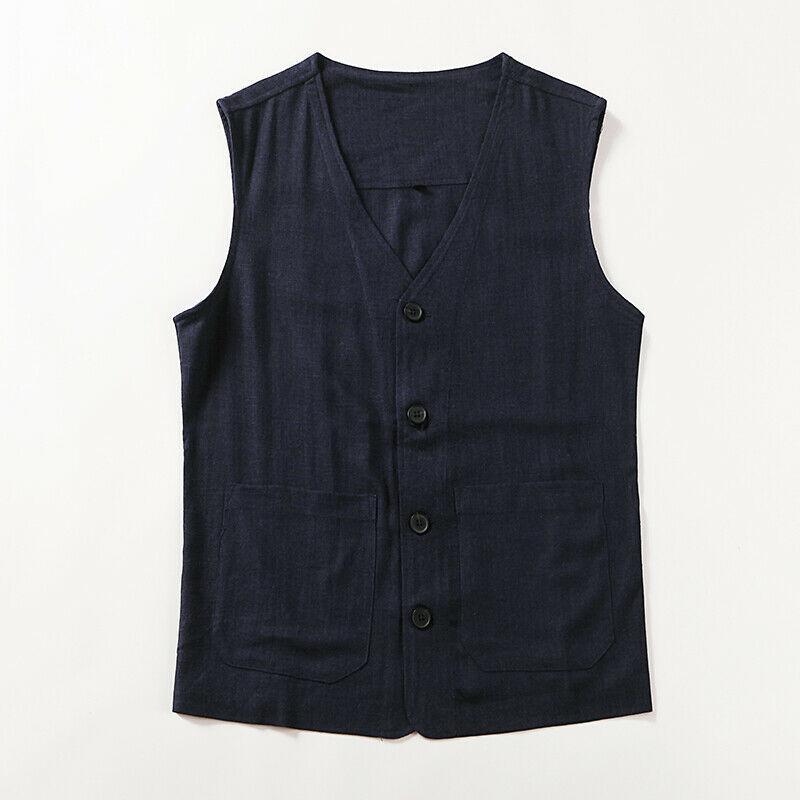 Men's Casual Shirt Cotton Linen Vest Pockets Sleeveless Waistcoat