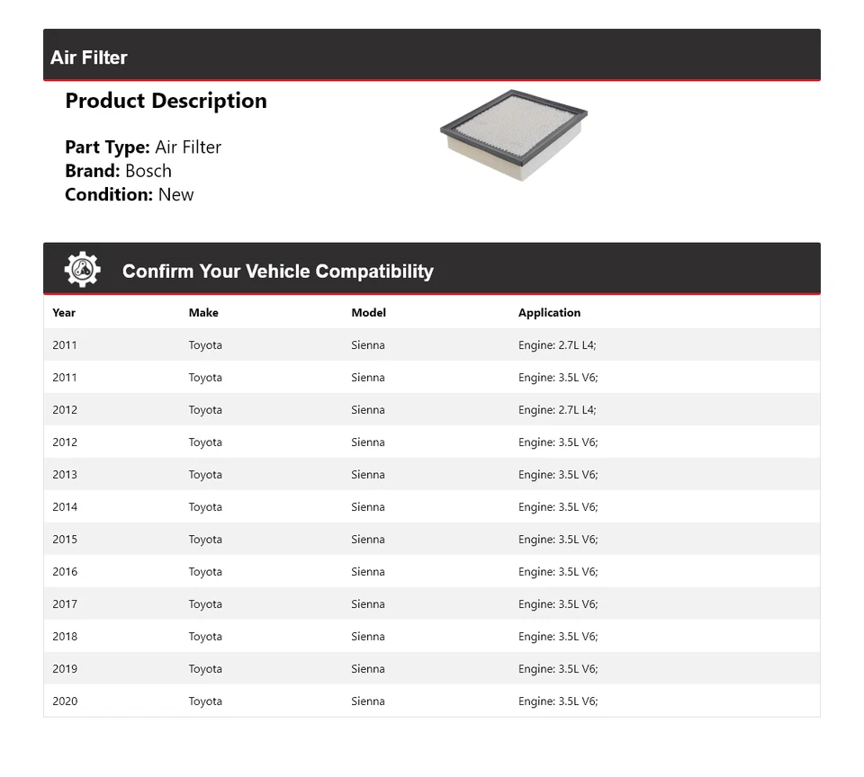 Filtro de aire para Toyota Sienna Bosch 2011-2020 2012 2013 2014 2015 2016 2017 2018 Foto 2 de 3