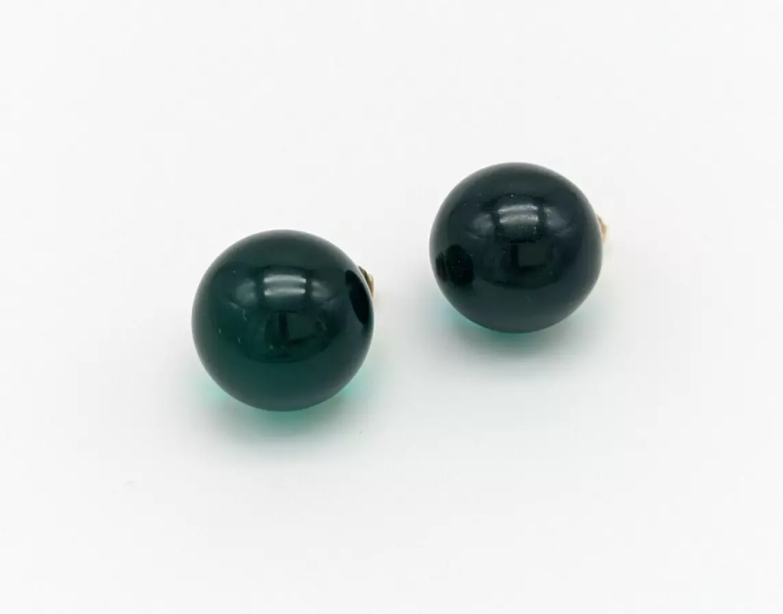 Vintage Gold Tone Dark Green Round Sphere Globe Plastic Clip On Earrings