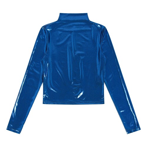 Women Shiny Metallic Long Sleeve Mock Neck T-shirt Sexy Disco Crop Tops Clubwear - Picture 42 of 58