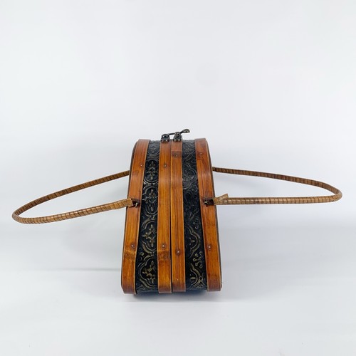 Vintage Wood & Metal Box Handbag Purse Embossed Brown Natural Hinge Latch Boho - Picture 2 of 13