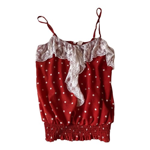 Women’s Top Size Small Summer Lace Polkadot Blouse Red Camel Spaghetti Strap VTG - Picture 7 of 7