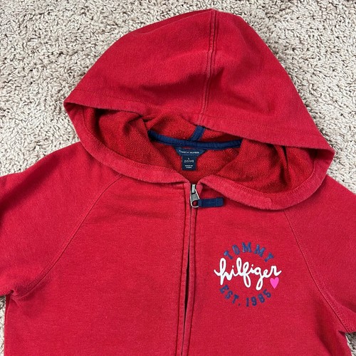 TOMMY HILFIGER Girls Red Full-Zip Logo Graphic Hoodie L 12/14 Sweatshirt 90s Y2K - Picture 5 of 17