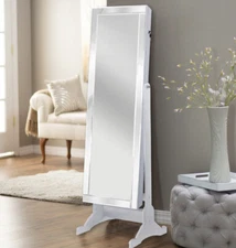Glam Cheval Mirror Jewelry Armoire in High Gloss Pristine White w/ Mirror Border