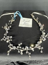 French Love bridal headband Silver With Rhinestones And Pearls And Ribbons NWT