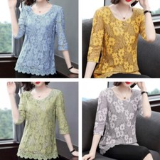 Camicia In Pizzo Floreale Per Donna A Maniche Corte Blusa Girocollo Pullover