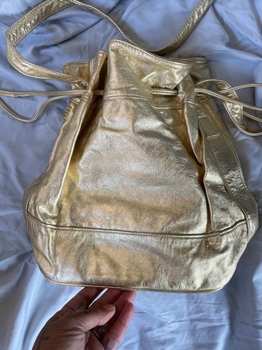 Vintage 80s METALLIC GOLD LEATHER Studs Rhinestones Bucket Shoulder Bag - Picture 3 of 7