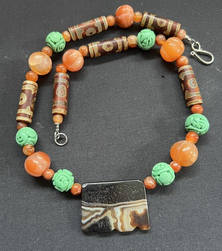 Antique Old Suleimani Yemeni Agate Banded Amulet, Dzi & Melon Carnelian Necklace - Picture 13 of 15