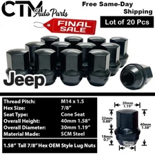 20x Black Wrangler Gladiator Grand Cherokee OEM Factory M14x1.5 Wheel Lug Nuts