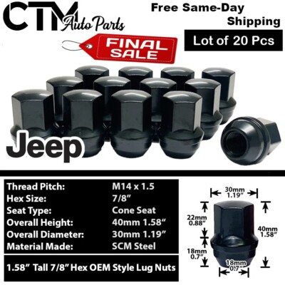 20x Black Wrangler Gladiator Grand Cherokee OEM Factory M14x1.5 Wheel Lug Nuts