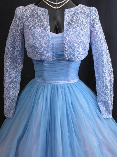 Vintage 1950's 50s Strapless Emma Domb Blue CHIFFON Organza Party Prom DRESS - Picture 8 of 9