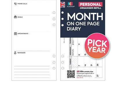 NBPLANNER 2026 | 2027 FILOFAX Personal Compatible Month on one page diary refill