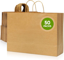 Kraft Paper Bags with Handles, 50 Pack 16X6X12 Inches, Large Brown Heavy Duty Ba