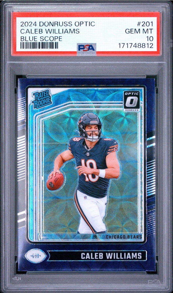 2024 Donruss Optic Caleb Williams Rated Rookie Blue Scope Prizm. PSA 10