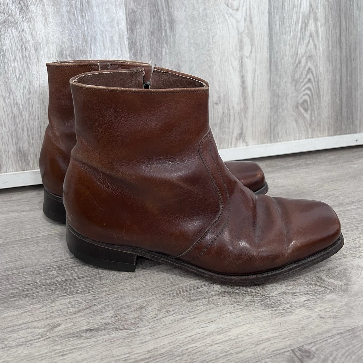 Vintage Florsheim Zip Up Boots Brown Leather Faux Fur Lined Mens Size 7 D 1960 main image 2