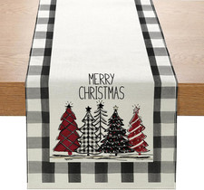 Buffalo Plaid Christmas Tree Table Runner 13x72 Inch Watercolor Merry Christmas