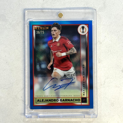 2022-23 Topps Chrome Merlin UEFA Alejandro Garnacho Blue Refractor Auto /75
