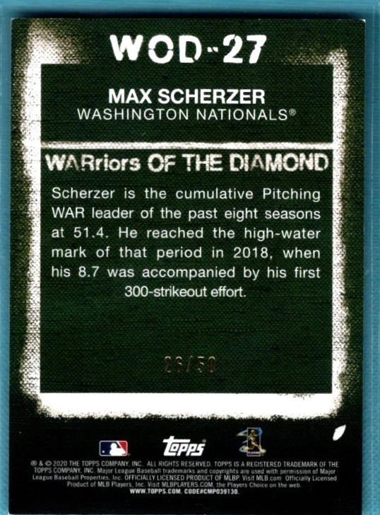 2020 Topps Warriors of the Diamond Gold #WOD27 Max Scherzer  # 26/50 - Image 2 of 2
