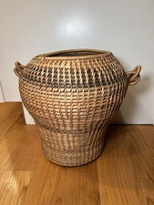 Vintage Handwoven Wicker Basket Jar Large 12" Boho Decor Storage with Handle