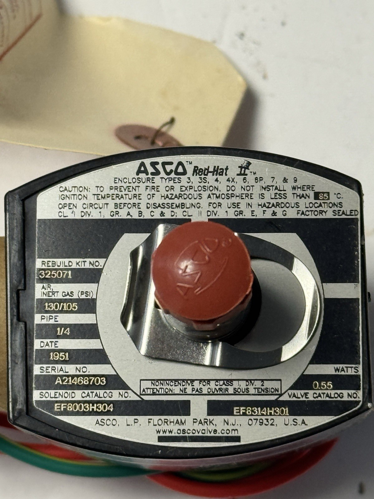 ASCO Red-Hat Solenoid Valve Coil EF8003H304 12VDC 1/4” NPT