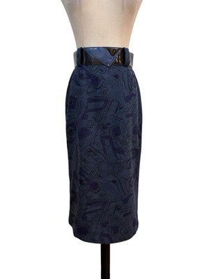 Vtg 80s Yessica Blue Pop Art Pencil Skirt Belted 26 w Wool Blend Abstract Glam