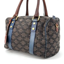 CELINE Macadam Triomphe Canvas Leather Mini Boston Bag Handbag Brown Blue