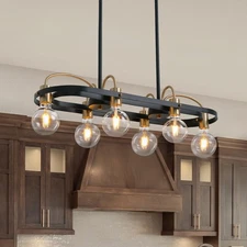 6 Lights Rectangular Chandelier, Black and Gold Linear Chandelier Rectangle P...