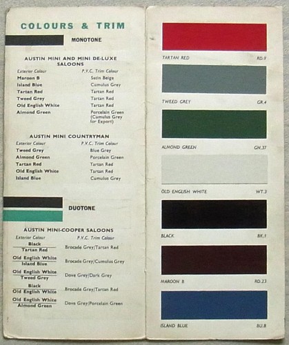 AUSTIN MINI Colour Finishes Chart c1960 #2125/H Cooper DE-LUXE Countryman + - Picture 2 of 2