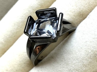 Size 7 Ring Square Diamond Shaped Clear CZ Stone on Dark Black Metal Band unique