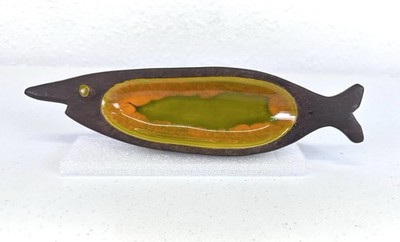 Vintage Mid Century Modern Fish Jaru Style Pottery Figurine Avocado Orange 9 