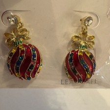 Christmas Ornament Drop Earrings Red Green Enamel Gold Bow Crystal NWOT Holiday