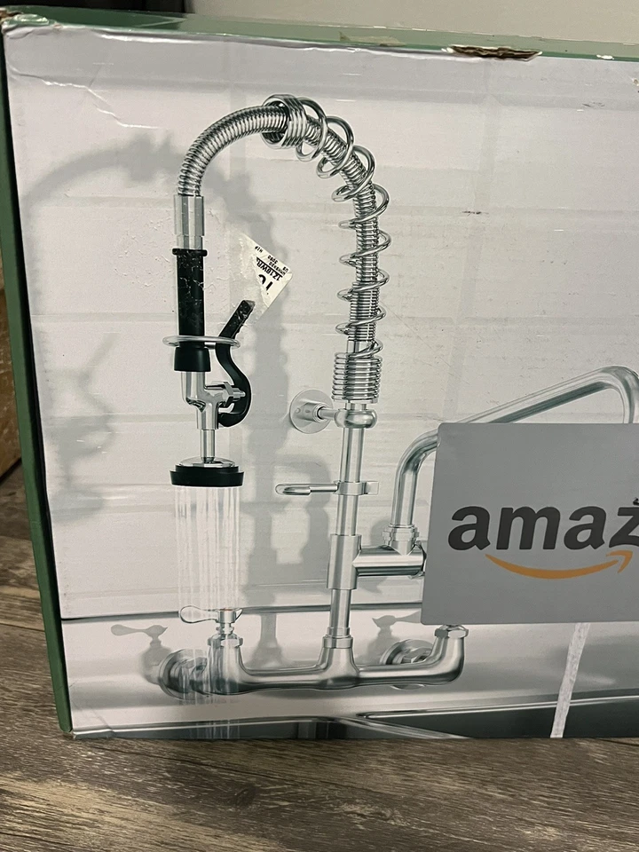 Grifo comercial fregadero de cocina pre enjuague grifo montaje en pared con rociador 25" altura Foto 3 de 4