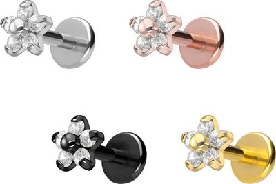 PIERCINGLINE  Piercing Stecker Titan Labret mit Push Fit BLUME MIT 5 KRISTALLEN