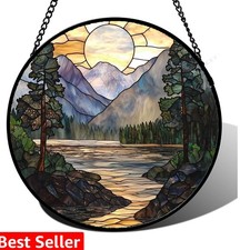 Stained Glass Window Hanging, Sunset Mountains Lake Tree Sun Catcher for Wind...