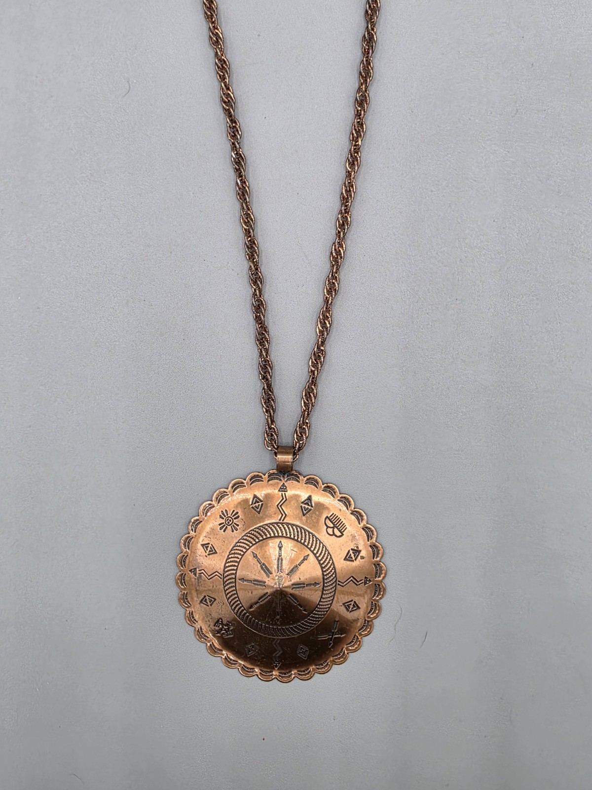 Vintage Signed Solid Copper Sun Disc Pendant Neck… - image 4
