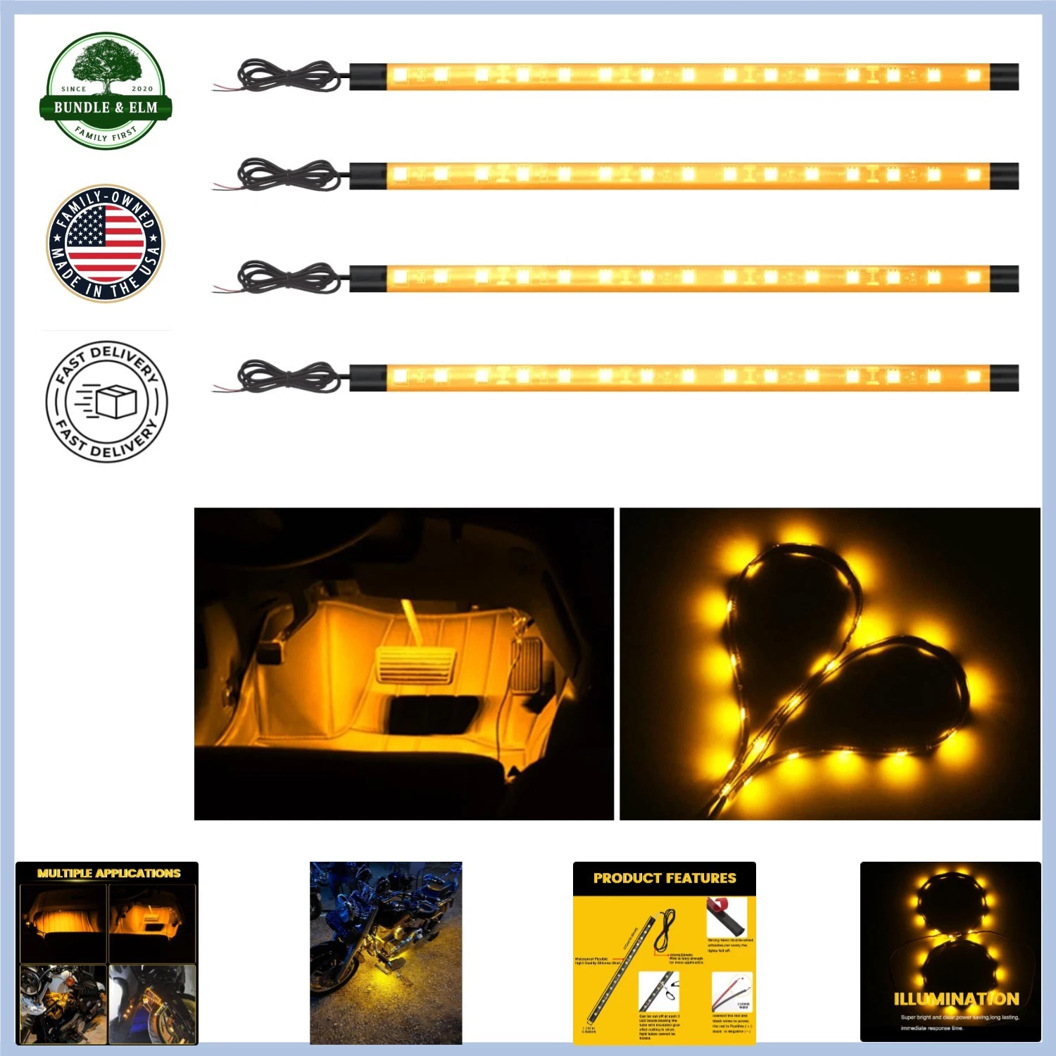 Self-Adhesive Amber LED Strip Lights for Cars, Flexible Design for Easy Install