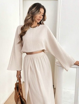 Boho Chic Damen  Baumwolle Leinen Set S 36 beige Rock und Oberteil