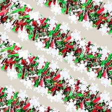 33 Ft Christmas Tinsel Garland Shiny Thick Red Green with Snowflake Design