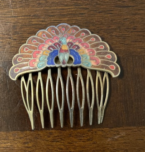 Vtg Cloisonné Peacock Hair Combs Gold Tone Metal Hair Accessory Free Shipping - Picture 3 of 6