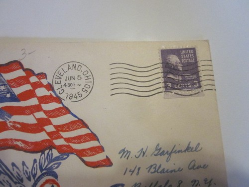 WWI1 US 1945 CLEVELAND OHIO PATRIOTIC RARE MARY KRAKORA AMERICAN FLAG CACHET - Picture 2 of 4
