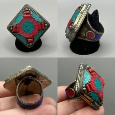 Unique vintage Tibetan Nepalese tribal culture brass ring with natural stones
