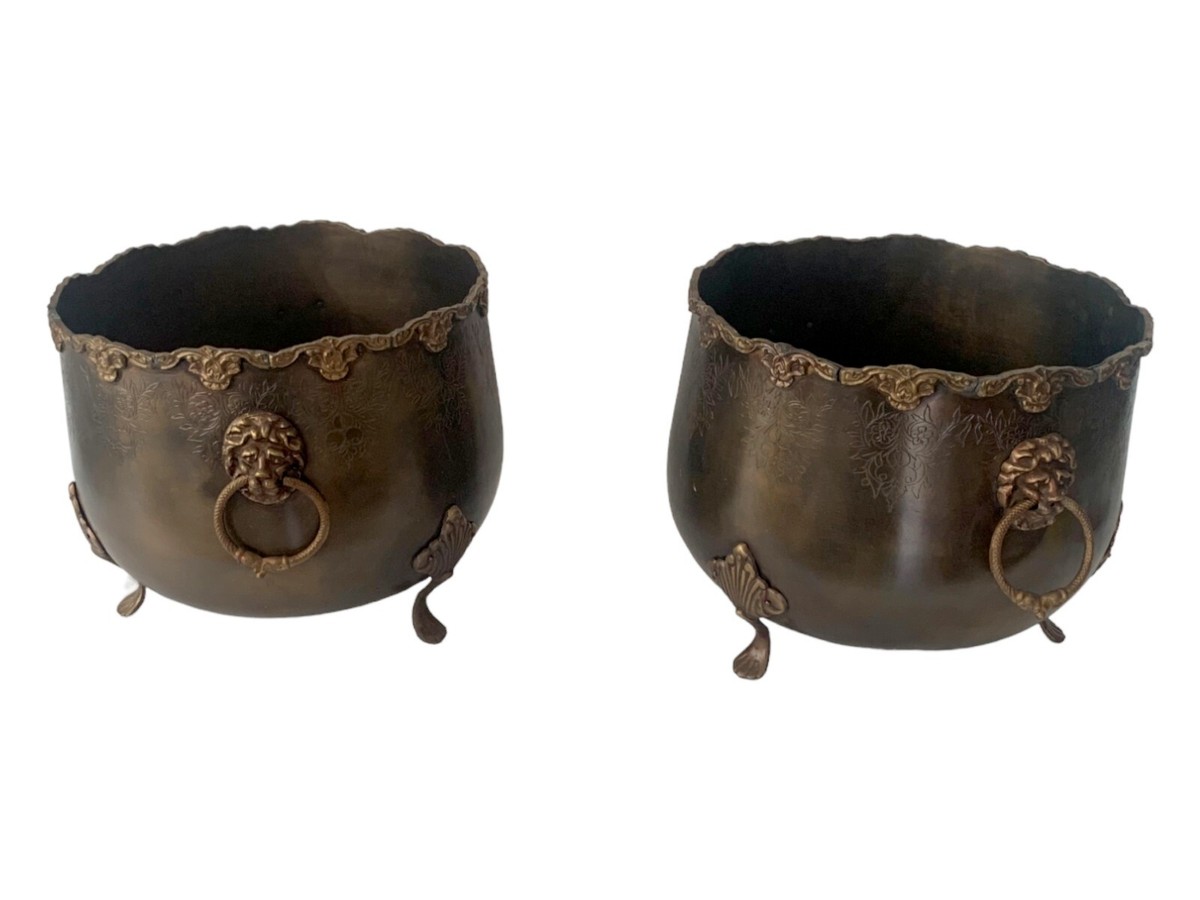 Vintage pair Brass Planters with Lion Head and feet ornated and carved H 10