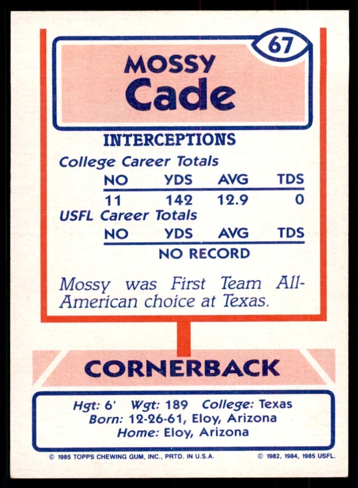 1985 Topps USFL Mossy Cade Football Cards #67 - Image 2 of 2